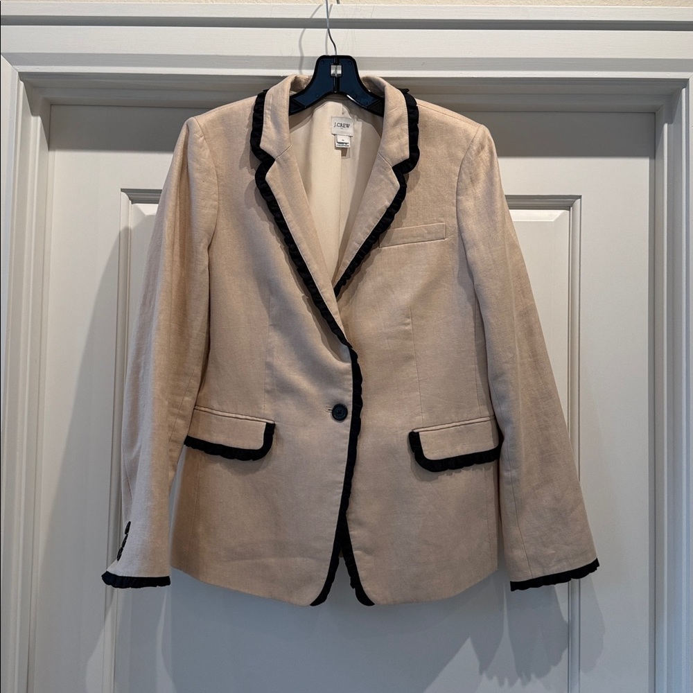 J. Crew Linen Beige Blazer with Black Ruffle Accents - Size 10